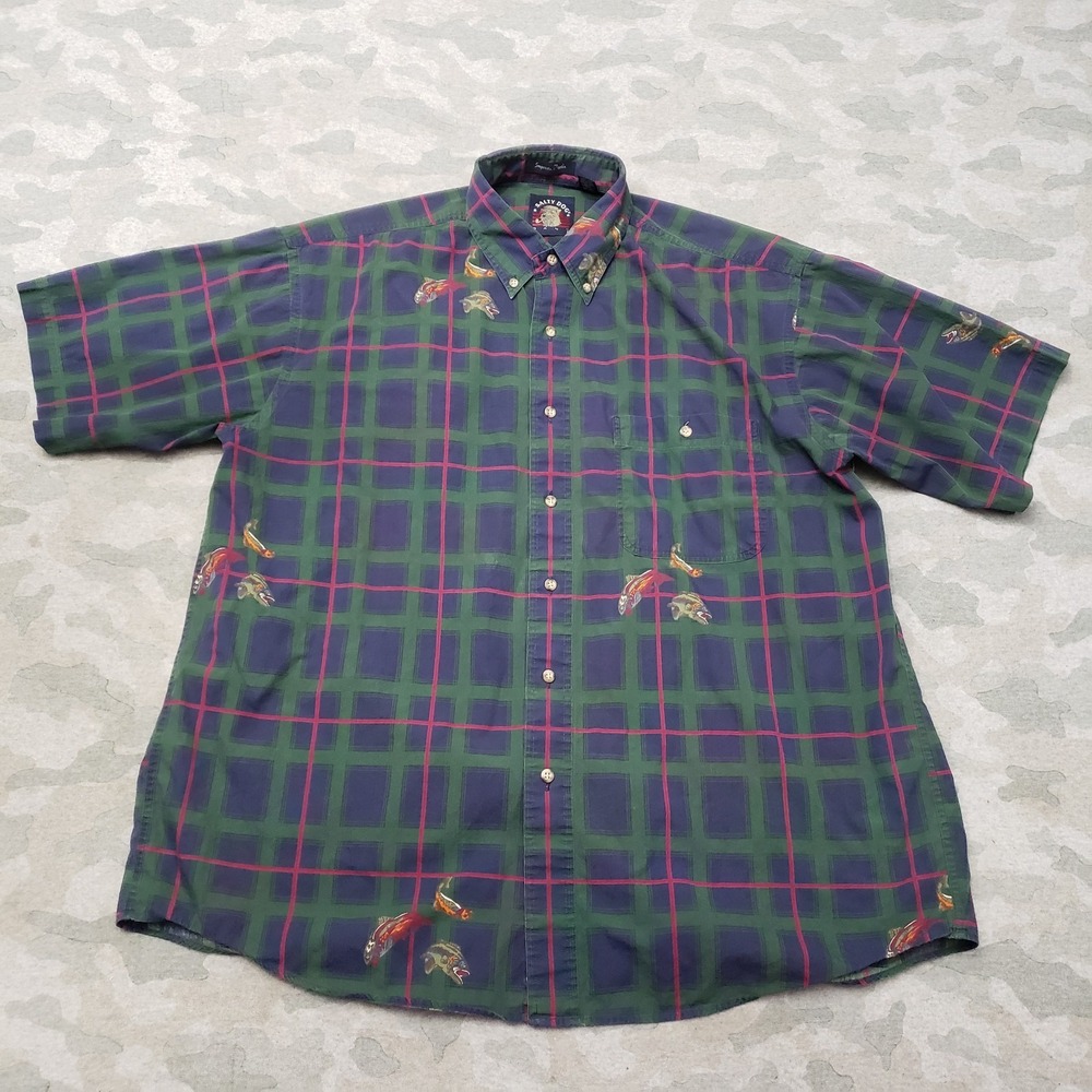 Salty‎ Dog Shirt Mens Large Green Half Sleeve Button-Up Fish Outdoors